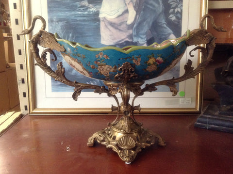 Sevres Porcelain - Blue French Style Bowl w/ Gilt Bronze Swan Handle