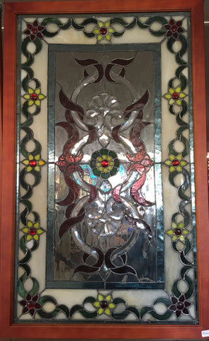 Glass Window - Stained Leaded Wood Frame Ornate Design w/Yellow Flowers