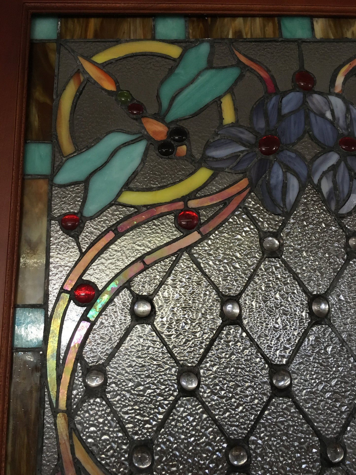 Glass Window - Stained Leaded Wood Frame Dragonfly Design