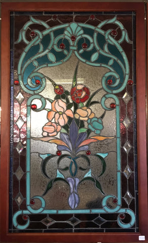 Glass Window - Stained Leaded Wood Frame Red Rose and Flowers in Purple Vase