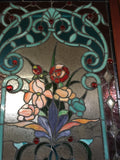 Glass Window - Stained Leaded Wood Frame Red Rose and Flowers in Purple Vase