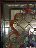 Glass Window - Stained Leaded Wood Frame Ornate Design w/Orange Ribbon