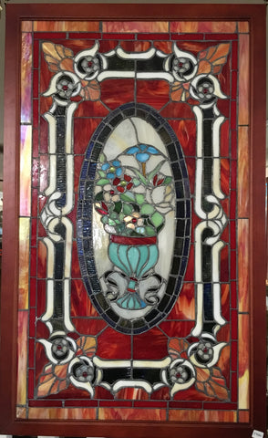 Glass Window - Stained Leaded Wood Frame Urn W/Flowers and Red Border Design