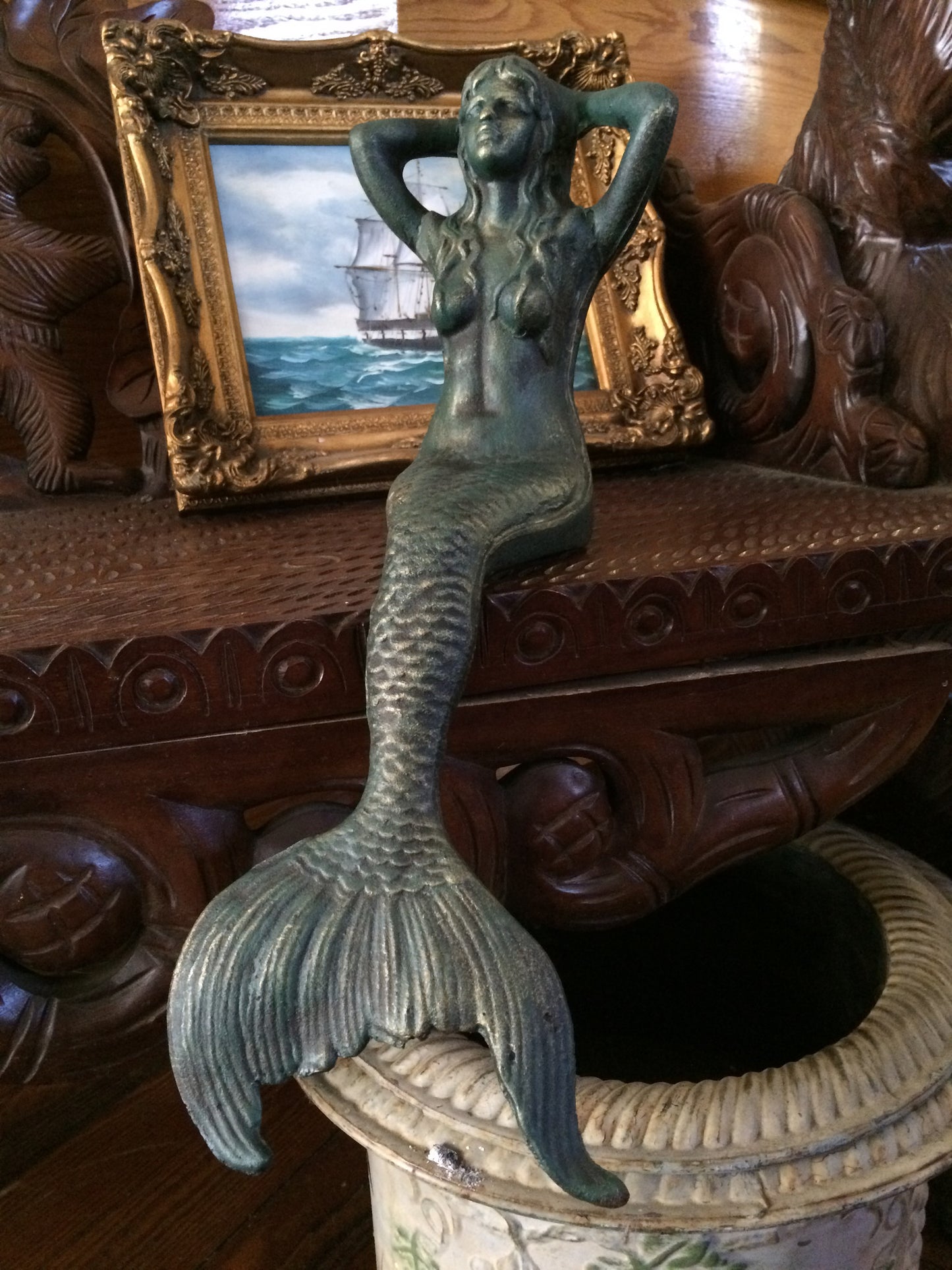 Iron Cast Statue - Mermaid Sitting Decor