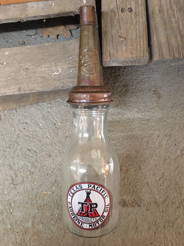 GLASS OIL BOTTLE - TEXAS PACIFIC GAS MOTOR OIL with lid cap