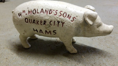 Pig  Bank -Cast Iron  "Wm Moland's Sons Quaker City Hams" Red Advertising