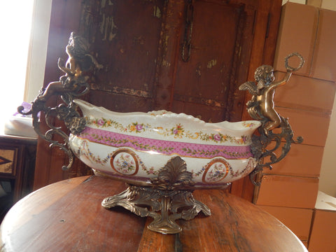 Sevres Porcelain - Pink French Style Bowl w/ Gilt Bronze Ormolu Cherub