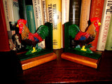 Book Ends - Cast Iron Rooster With Wooden Base