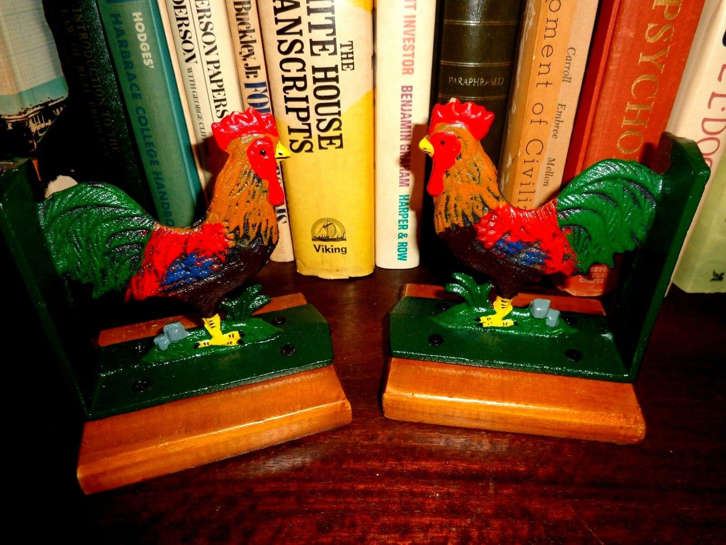 Book Ends - Cast Iron Rooster With Wooden Base