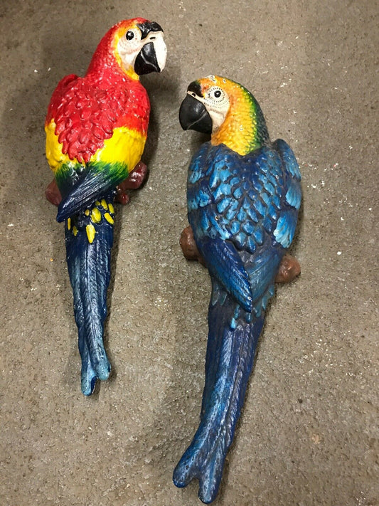 CAST IRON PAIR OF WALL MOUNT BLUE AND RED PARROT