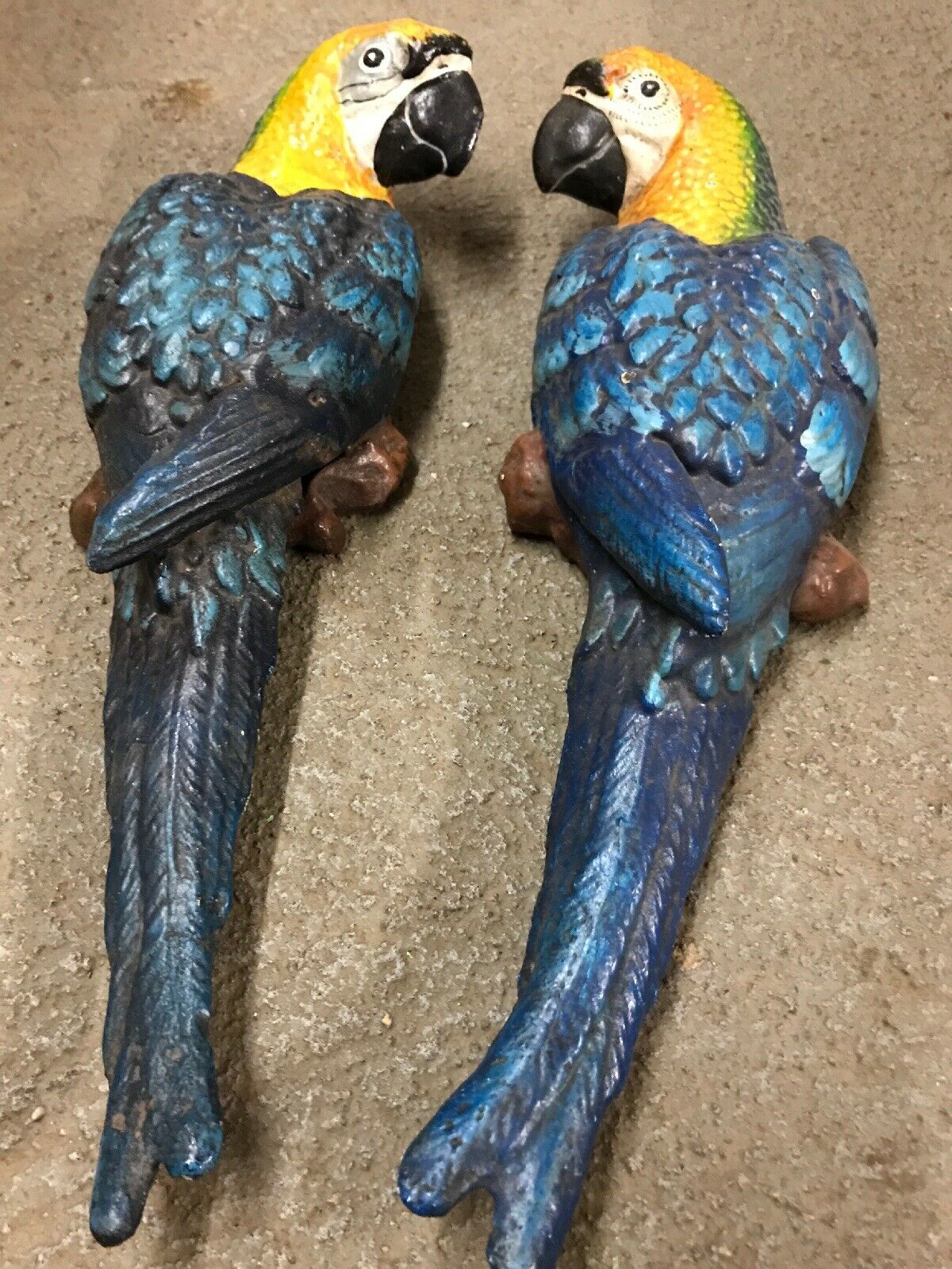 CAST IRON PAIR OF WALL MOUNT BLUE PARROT